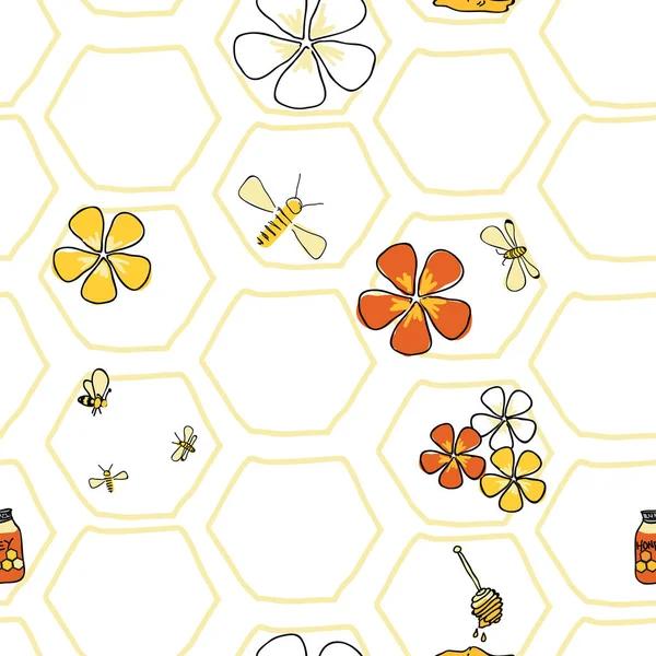 In the Honeycomb Bees and flowers seamless pattern Vector on white honey comb background. Stock Illustration
