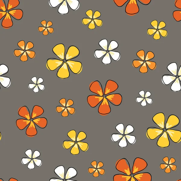 Ditsy flores cálidas colorido sobre un fondo gris patrón de repetición de vector sin costuras — Vector de stock