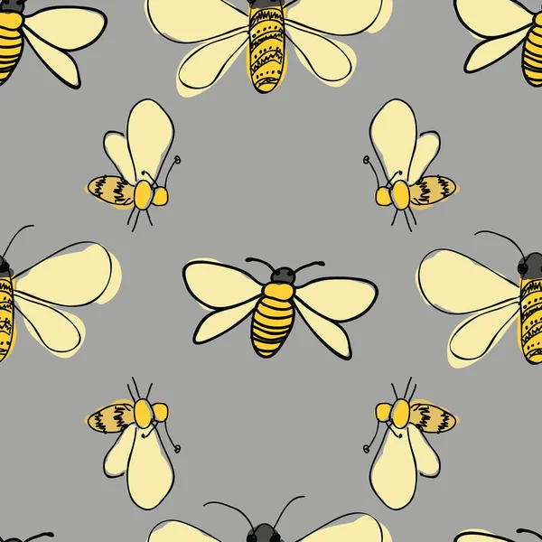 Abeilles volant autour sur fond gris motif vectoriel sans couture — Image vectorielle