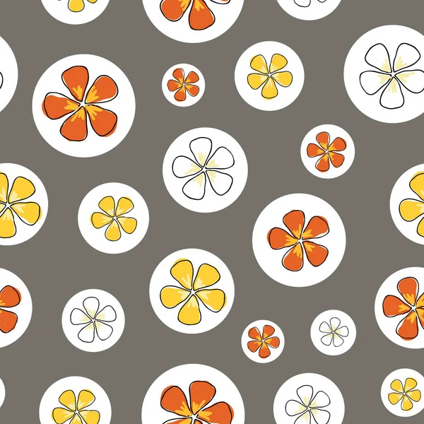 Flower isolation colorful blossoms in circles on a gray background seamless vector repeat pattern — Stock Vector