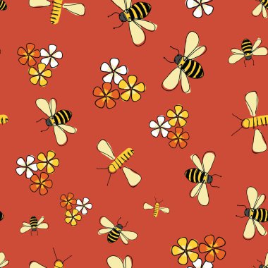 bahar uçuşu, arılar ve çiçekler turuncu arka planda kusursuz desen taşıyıcısı.