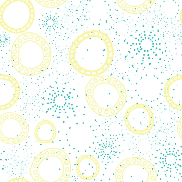 Feux d'artifice, points et cercles en jaune et bleu répétition vectorielle sans couture — Image vectorielle