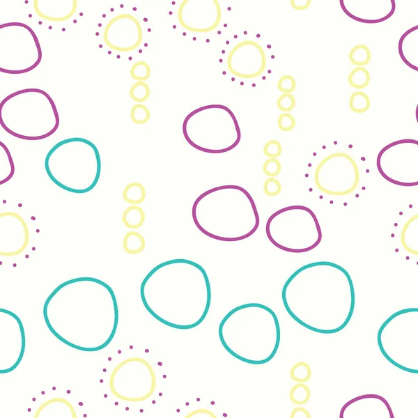 Beställt kaos, ljusa roliga cirklar och prickar på vit bakgrund sömlös upprepa vektor mönster — Stock vektor