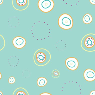 Zıplayan daireler ve halkalar parlak eğlenceli noktalar üzerinde açık mavi arka planda daireler içinde kusursuz vektör deseni tekrarlanmadan