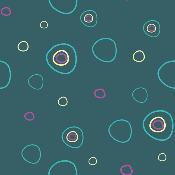 Círculos en el espacio divertidos puntos y círculos sobre fondo azul oscuro patrón de vector de repetición sin costuras — Vector de stock
