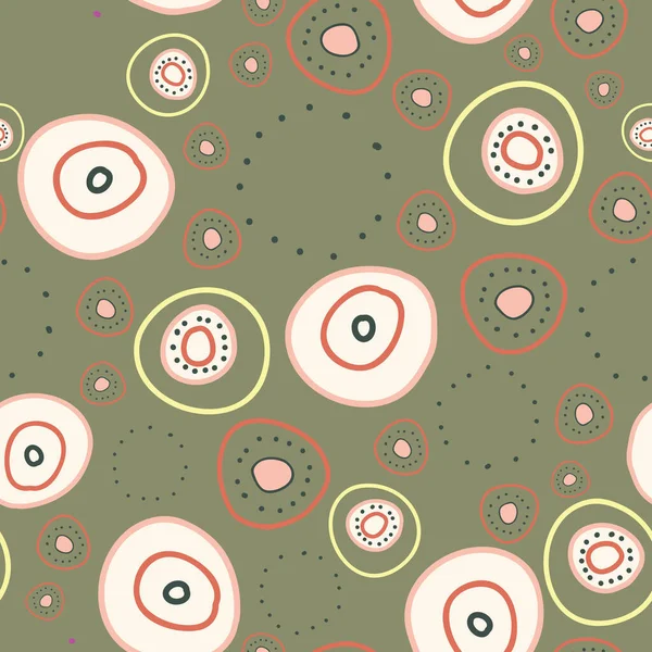 Roundish saker cirklar och ringar på dämpad mossa grön bakgrund sömlös upprepa vektor mönster — Stock vektor