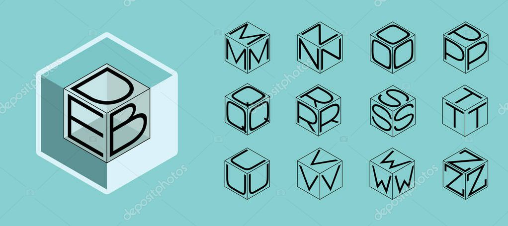 Set of template with letters inscribed in three sides of cube, hexagon. To create monograms, logos and emblems