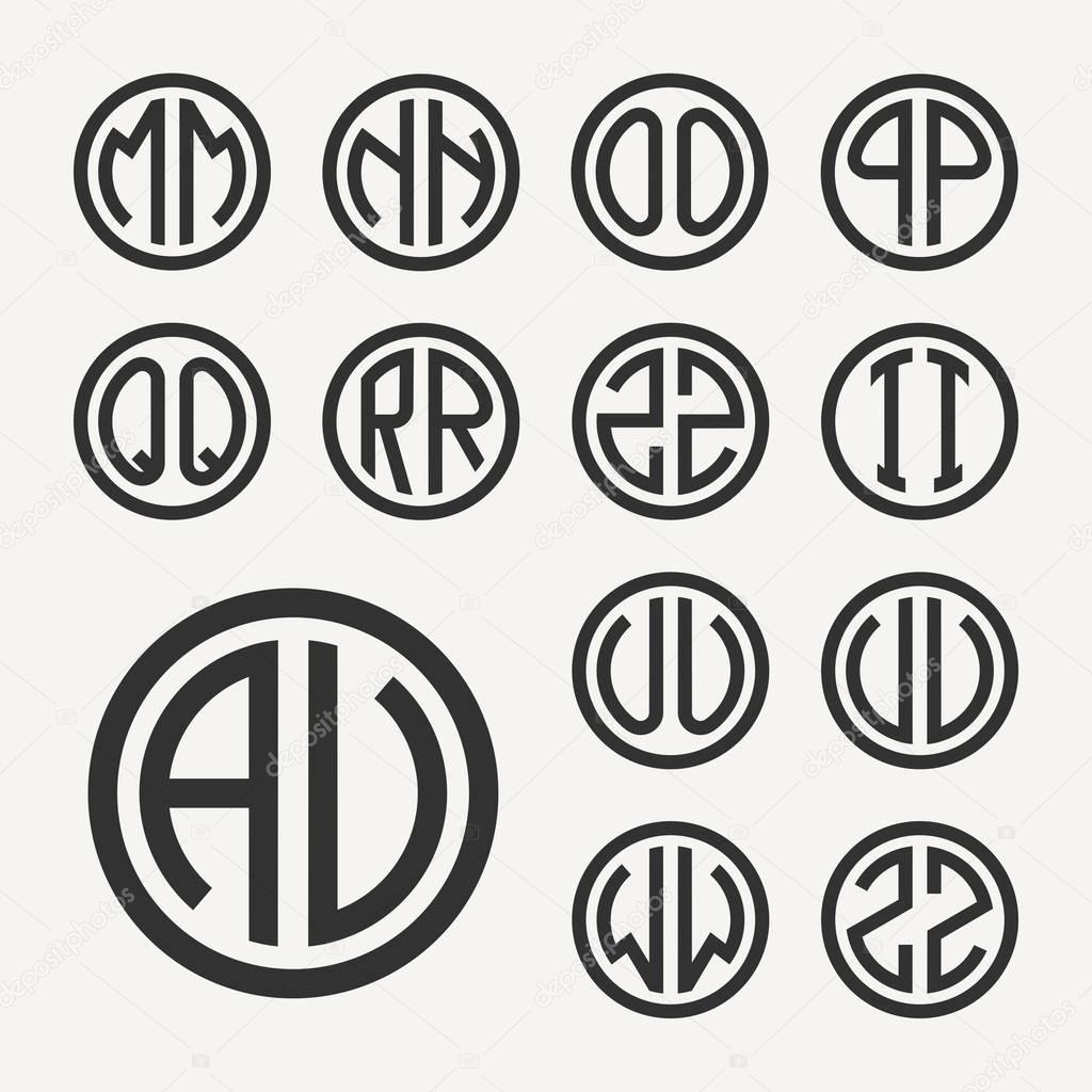 Set 2 of templates from two capital letters inscribed in a circle. From wide lines of the same thickness. To create logos, emblems, monograms. Lineart style.