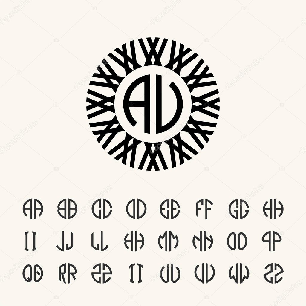 Set template letters to create monograms of two letters in scribed in a circle in Art Nouveau style
