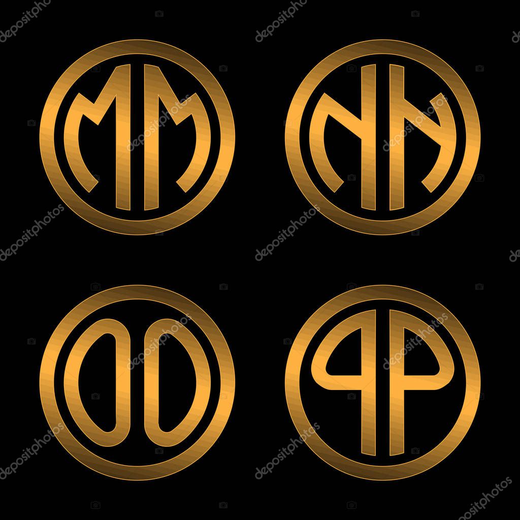 Set 1 of templates from two capital Golden letters on a black background M, N, O, P inscribed in a oval. To create logos, emblems, monograms.