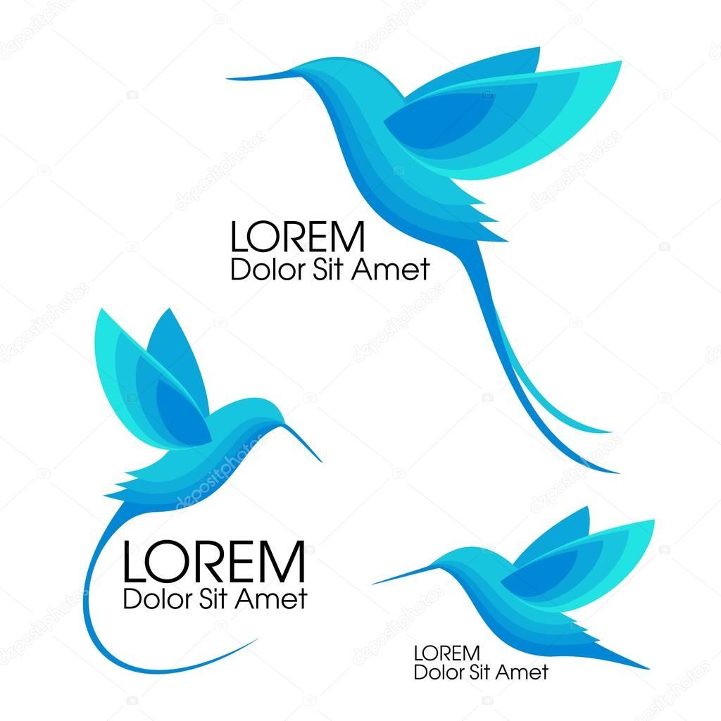 Modern Set . Blue birds, Colibri in flight, trendy minimalistic template design for logos, emblems, symbols