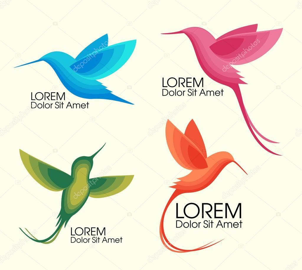 Modern Set . Colorful birds, Colibri in flight, trendy minimalistic template design for logos, emblems, symbols