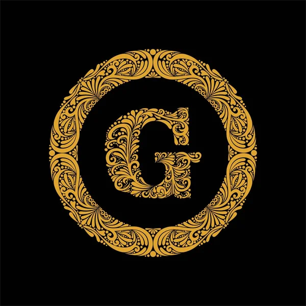 Premium, elegant capital letter G in a round frame is made of floral ornament. Baroque style.Elegant capital letters set 1 in the style of the Baroque. — Stock Vector