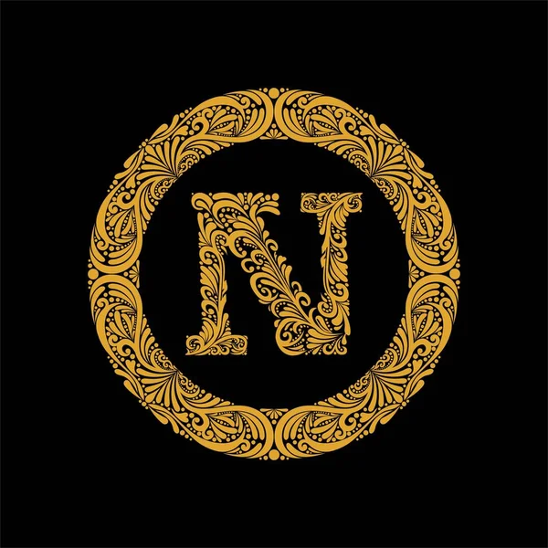 Premium, elegant capital letter N in a round frame is made of floral ornament. Baroque style.Elegant capital letters set 1 in the style of the Baroque — Stock Vector