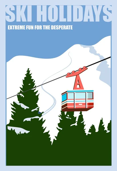 Fondo vintage invierno, póster. Remonte rojo Góndolas moviéndose en las Montañas de Nieve — Vector de stock