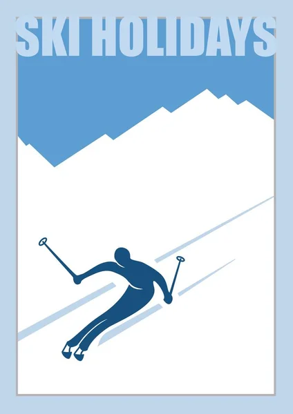 Minimalist winter poster. Advanced skier slides down the mountain. — Stock Vector