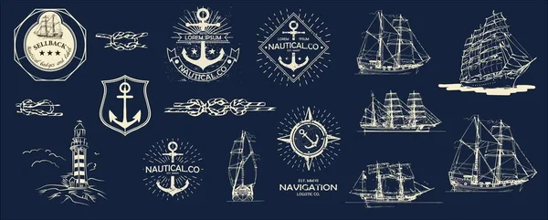 Mega-Vektorsatz. nautisch nützliche Gestaltungselemente. inspirierende Thementafel mit Logo im nautischen Stil, Emblem-Designs. Vintage Sea Label. — Stockvektor