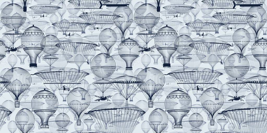 Vintage hot air balloons floating in the sky. Trendy seamless background, wallpaper. Monochrome in shades of blue