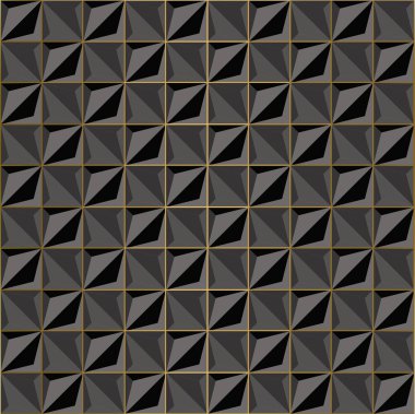 Altın aksanlı geometrik şekillerin kusursuz siyah hacimli 3D arka planı. Duvar kağıdı, baskı ürünleri, iç mekan, web tasarımı, ambalaj için şablonlar. Vektör