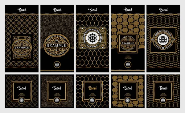 Vector set of design elements, labels ,icon, frames ,for packaging, design of luxury products. Made with golden foil. For perfume, lotion, wine, tea, coffee. Isolated on gold and geometric background. — 스톡 벡터