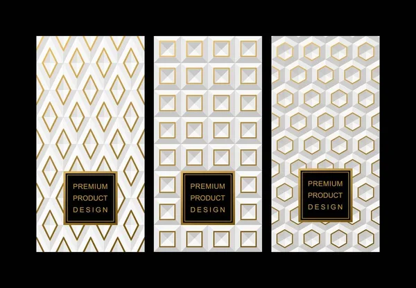 Vector set of White volume 3D backgrounds of geometric shapes with gold accents for packaging, design of luxury products. Made with golden foil. For perfume, lotion, wine, tea, coffee, chocolate. — Stock Vector