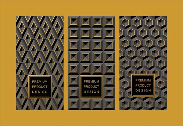 Vector set of Black volume 3D backgrounds of geometric shapes with gold accents for packaging, design of luxury products. Made with golden foil. For perfume, lotion, wine, tea, coffee, chocolate. — Stock Vector
