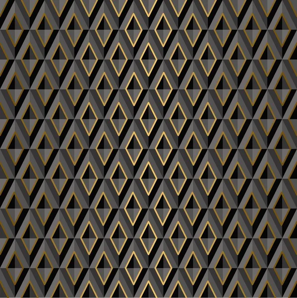 Geometrik şekillerin kusursuz siyah hacimli arka planı, altın aksanlı eşkenar dörtgen. Duvar kağıdı, baskı ürünleri, iç mekan, web tasarımı, ambalaj için şablonlar. Vektör — Stok Vektör