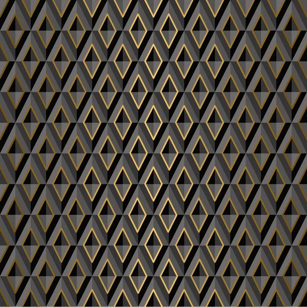 Sin costuras Volumen negro Fondo 3D de formas geométricas, rombo con acentos dorados. Plantillas para papel pintado, productos de impresión, interiores, diseño web, embalaje. Vector — Archivo Imágenes Vectoriales