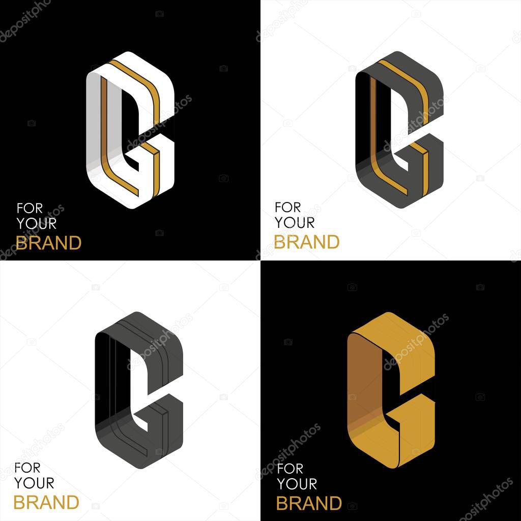 Isometric set letter G. Black, white, gold palette. From stripes, lines. Template for creating logos, emblems, monograms. Black and white options. 3D art symbol. Vector