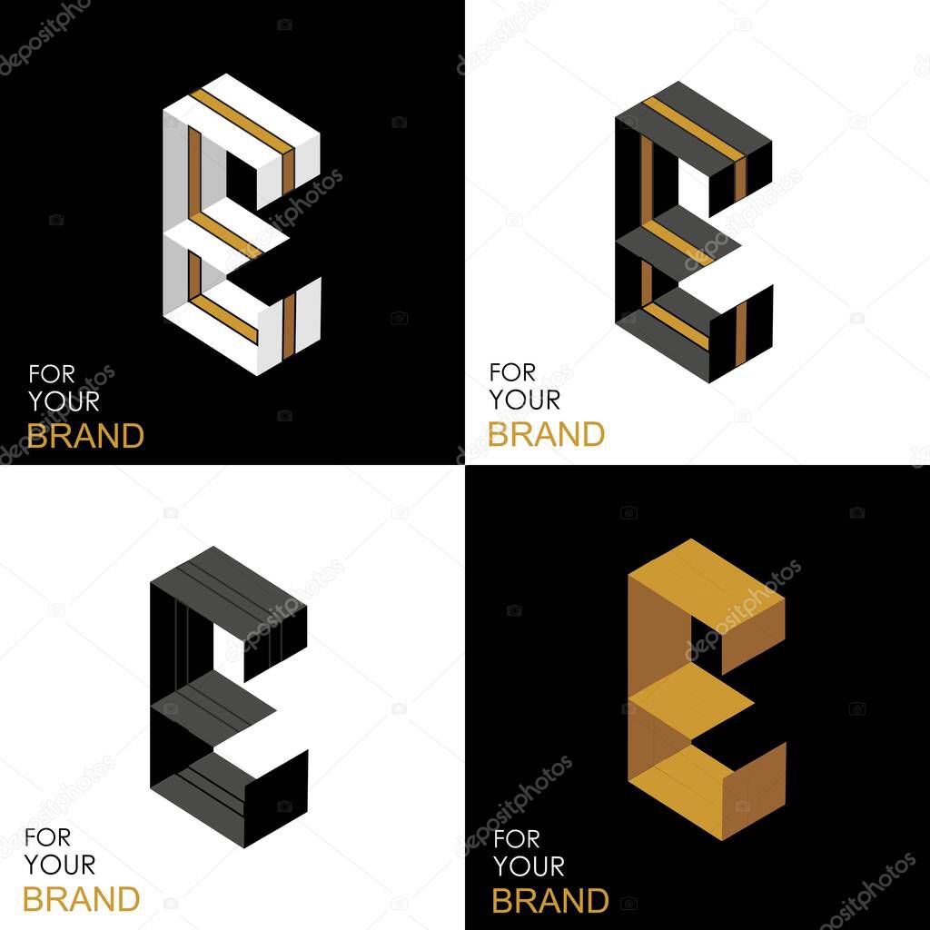 Isometric set letter E. Black, white, gold palette. From stripes, lines. Template for creating logos, emblems, monograms. Black and white options. 3D art symbol. Vector