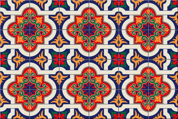 Wspaniały bezszwowy wzór biały kolorowe marokańskie, portugalskie płytki, Azulejo, ozdoby. Może być stosowany do tapet, wypełniaczy wzorów, tła strony internetowej, tekstury powierzchni. Wektor — Wektor stockowy