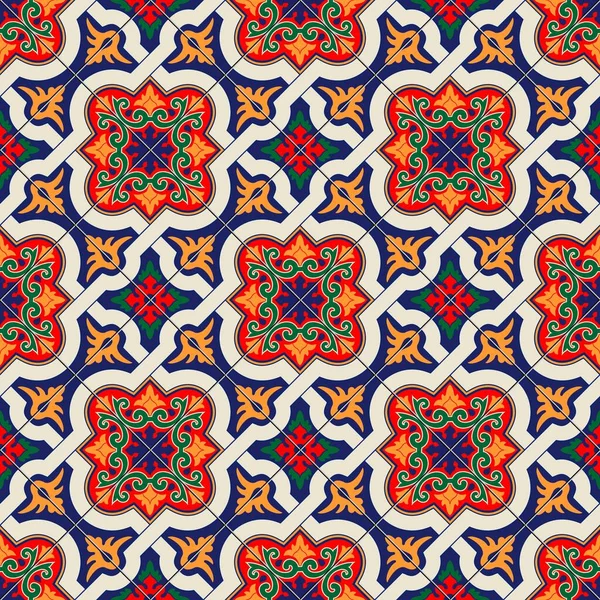 华丽无缝的图案白色色彩艳丽的摩洛哥人，葡萄牙瓷砖，Azulejo，装饰品。可用于墙纸，图案填充，网页背景，表面纹理。B.病媒 — 图库矢量图片