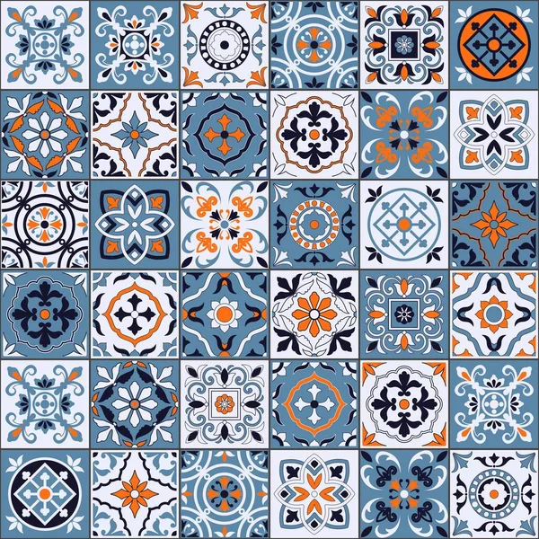Underbart sömlöst mönster i en fashionabel färgpalett marockanska, portugisiska kakel, Azulejo, prydnadsföremål. Kan användas för tapeter, mönster fyllningar, webbsida bakgrund, ytstrukturer. Vektor — Stock vektor