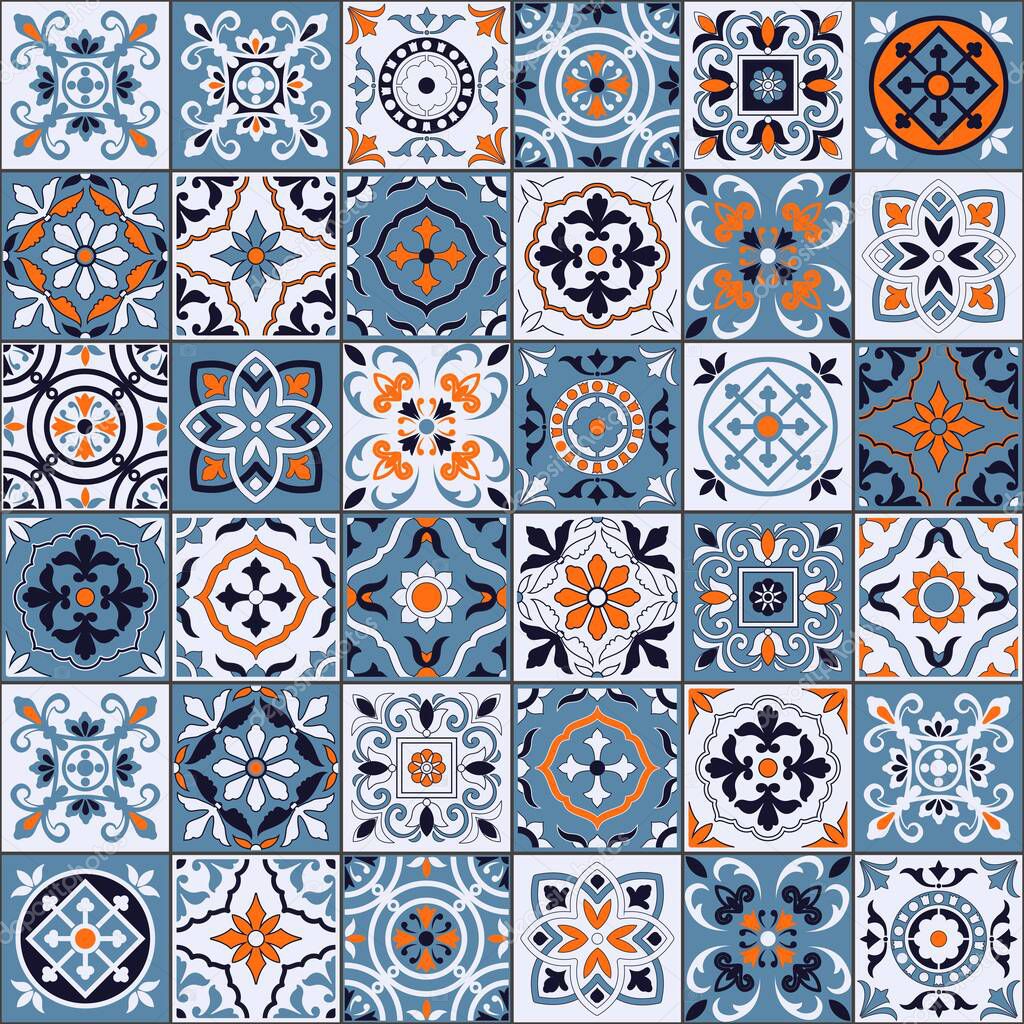 Gorgeous seamless pattern in a fashionable color palette Moroccan, Portuguese tiles, Azulejo, ornaments. Can be used for wallpaper, pattern fills, web page background, surface textures. Vector