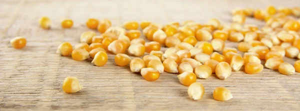 Scattered ripe dried yellow corn on wooden desk — Stock Photo, Image