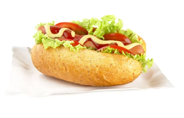 Hot dog na tacę na białym tle — Zdjęcie stockowe