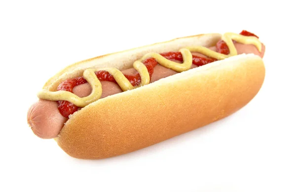 Hot dog americano con senape isolata su bianco Immagini Stock Royalty Free