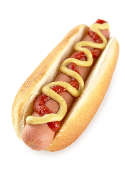 Hotdog mit Senf isoliert auf weiß lizenzfreie Stockfotos