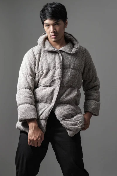 Portrait of asian man in gray knitting coat - Fashion and style — Stock Photo, Image