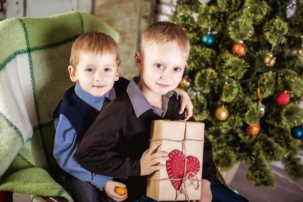 Двоє хлопчиків з подарунками біля ялинки — стокове фото