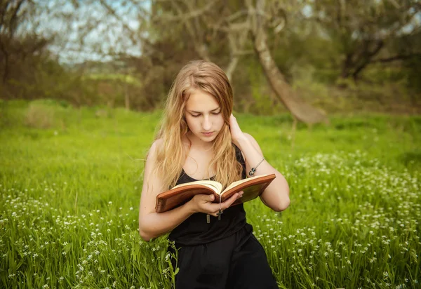 Ragazza con la Bibbia all'aperto — Foto Stock