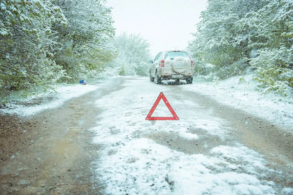 Sinal de emergência vermelho na estrada de inverno — Fotografia de Stock