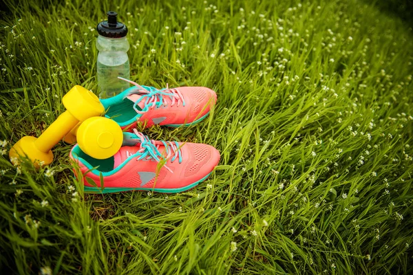 Zapatillas de deporte y pesas fitness —  Fotos de Stock