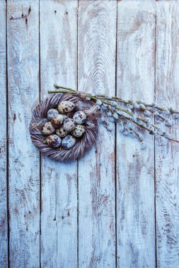 Paskalya Kartı: ahşap arka plan ve willow yuvadaki yumurta