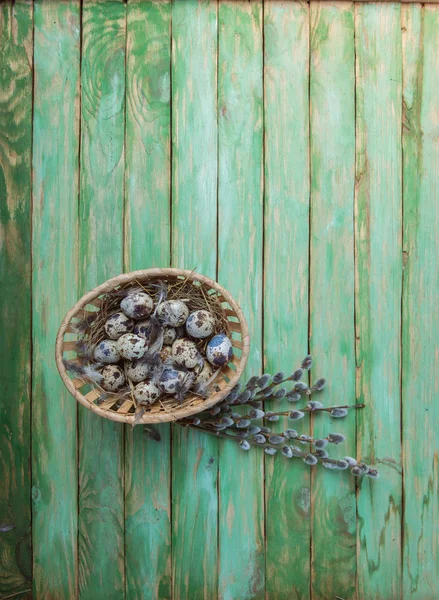 Carte Pâques Œufs Dans Nid Sur Fond Bois Saule — Photo