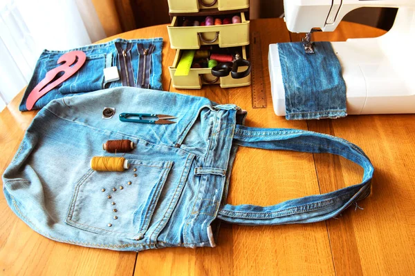 Denim Bag Handmade Sewing Accessories — Stock Photo, Image