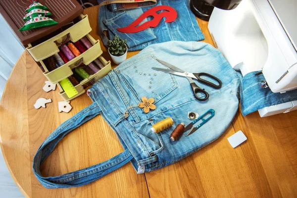 Denim Tas Handgemaakt Naaiaccessoires — Stockfoto