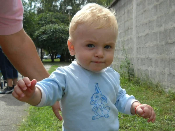 Ένα λευκό αγόρι ενός έτους μαθαίνει να περπατάει μόνος του με τη βοήθεια της γονικής υποστήριξης. Κοιτάζοντας μπροστά, συνοφρυωμένος. Το παιδί φοράει μπλε μπλούζα.. — Φωτογραφία Αρχείου