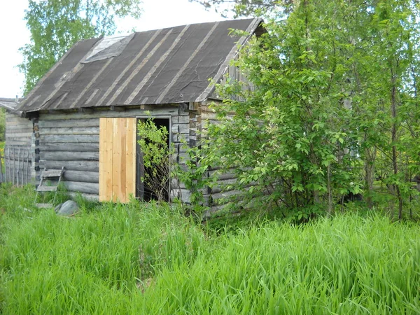 Casa de madera en el pueblo utilizado como una casa de baños. Puerta abierta y techo bajo material para techos. Hierba verde fresca en el prado . — Foto de Stock