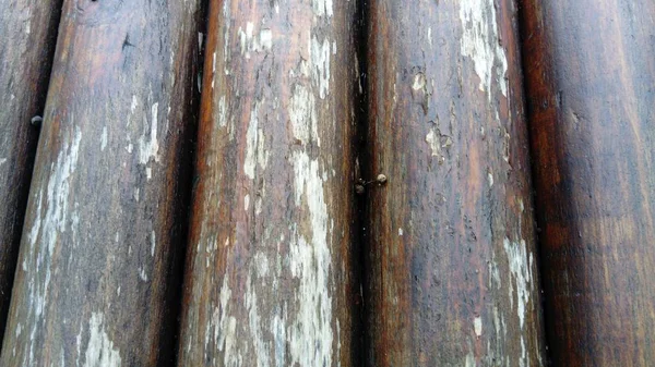 Um tronco de construção para uso em construção sem serragem longitudinal. Variedade de madeira redonda. Fragmento da construção de troncos de madeira arredondados. O efeito da umidade na madeira — Fotografia de Stock